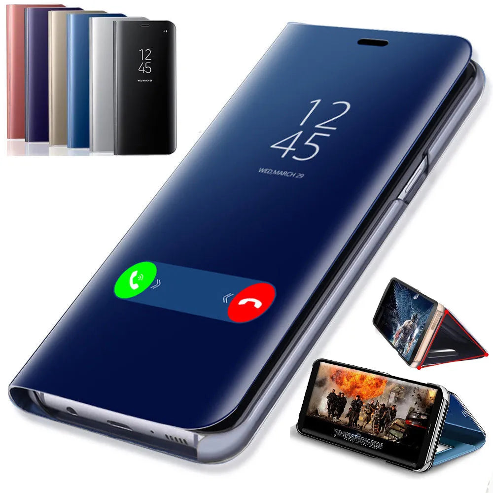Black mirror flip case for Samsung Galaxy phone showing front mirror and open kickstand.
