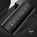 Black mirror flip case for Samsung Galaxy phone showing front mirror and open kickstand.