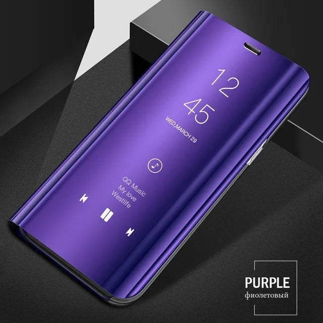 Black mirror flip case for Samsung Galaxy phone showing front mirror and open kickstand.