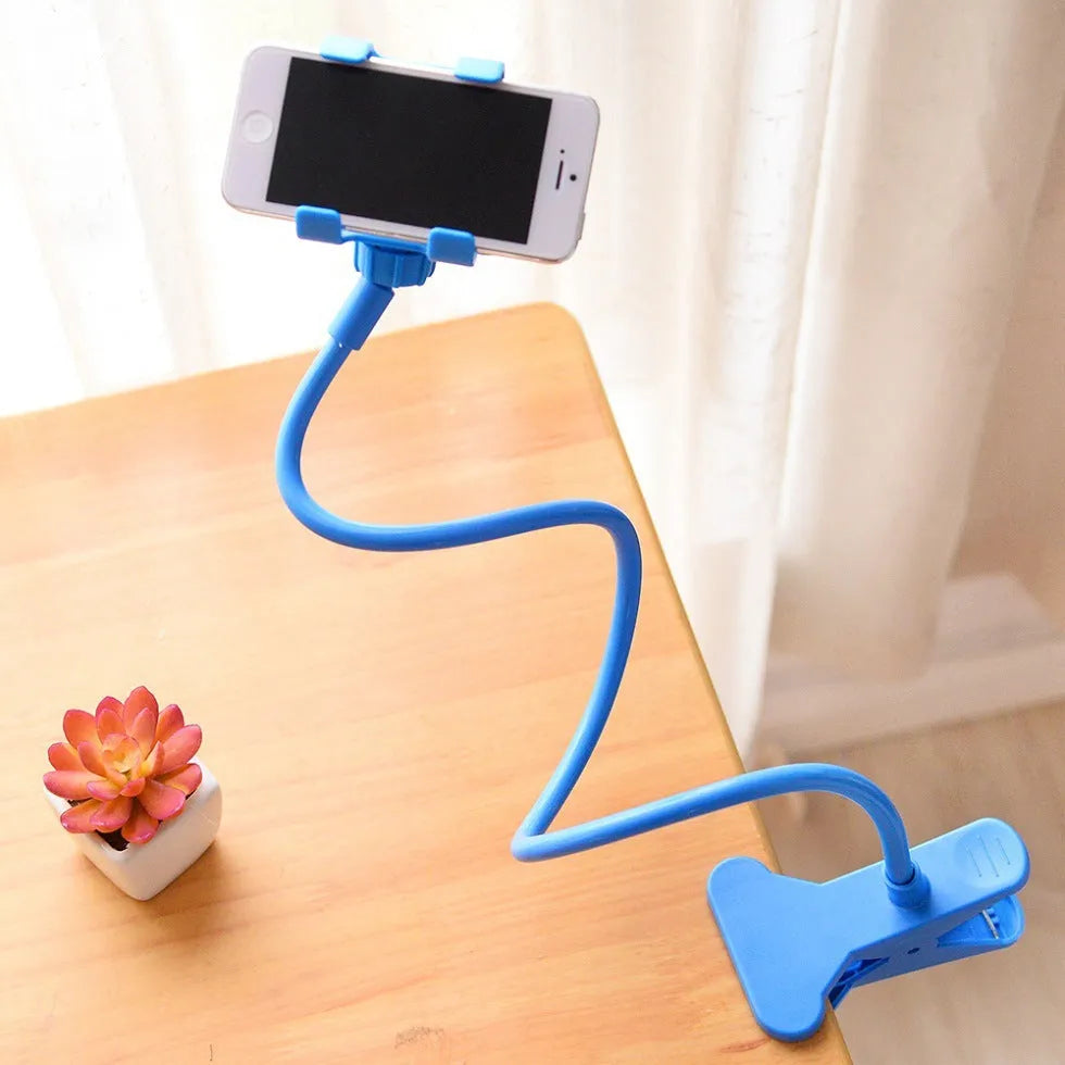 Black portable phone holder with a long 70cm flexible metal arm and a V-type clip mounted on a bed headboard.