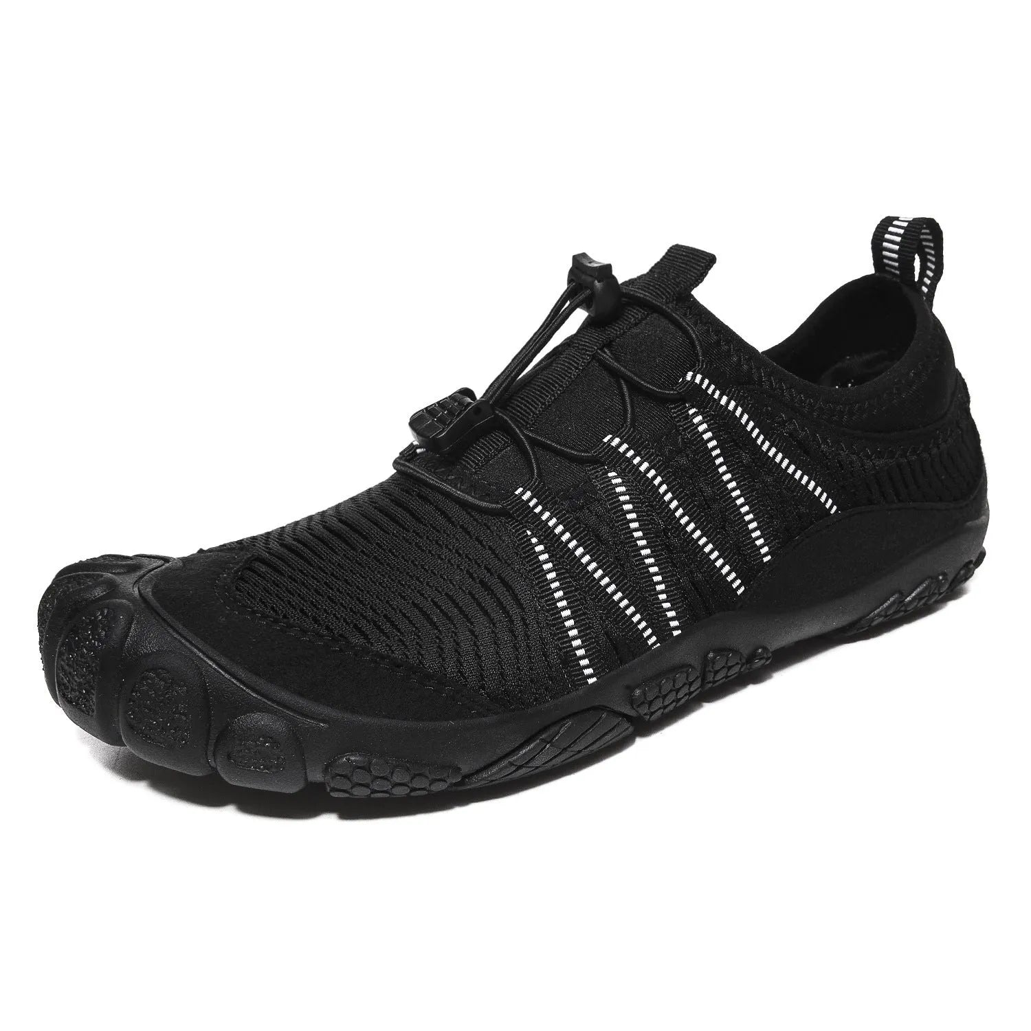 Elastic band outdoor water shoes in black with mesh upper and rubber sole