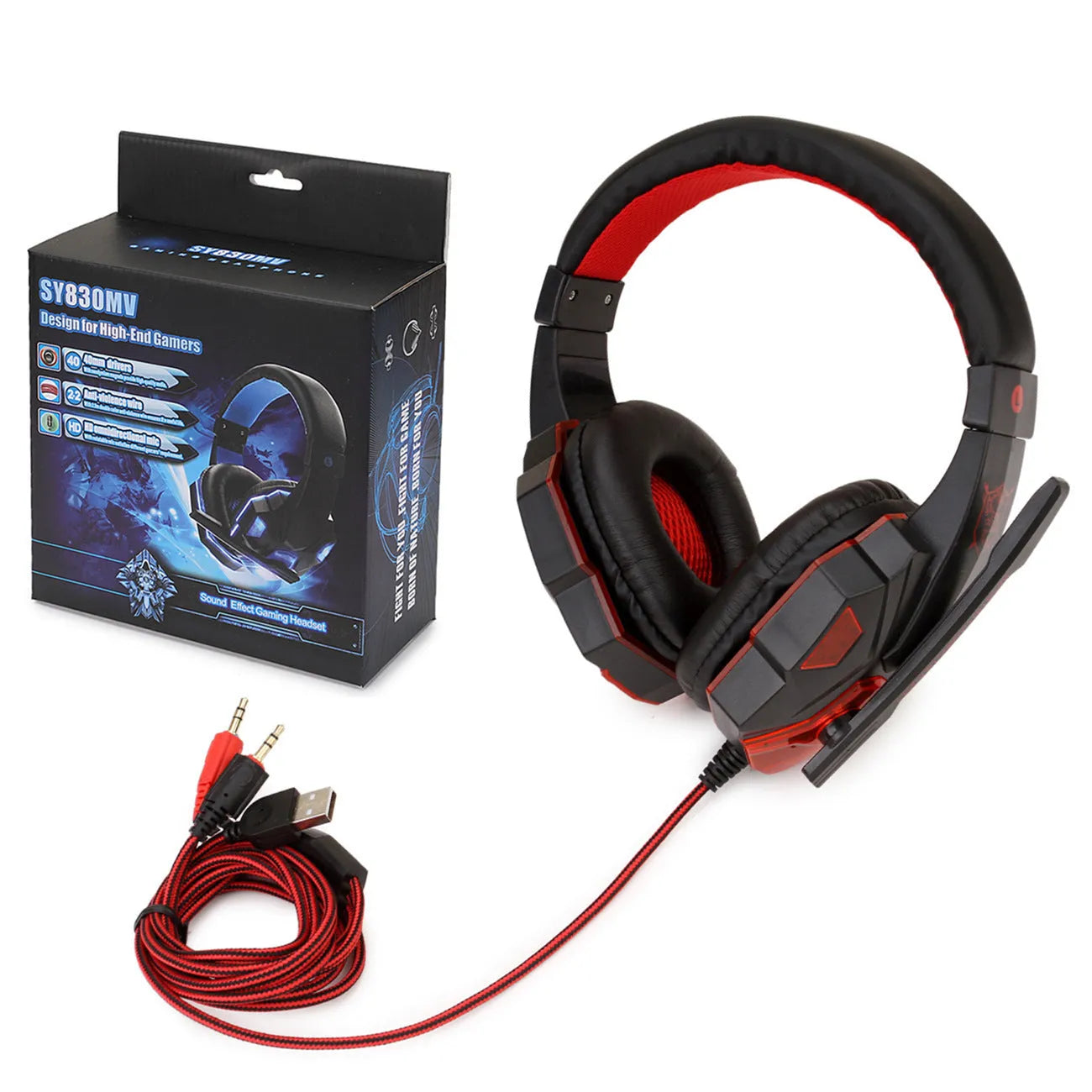 Wired PC and PS4 gaming headset with LED lighting effects and over-ear tanned leather cushions in black and blue colour combination.