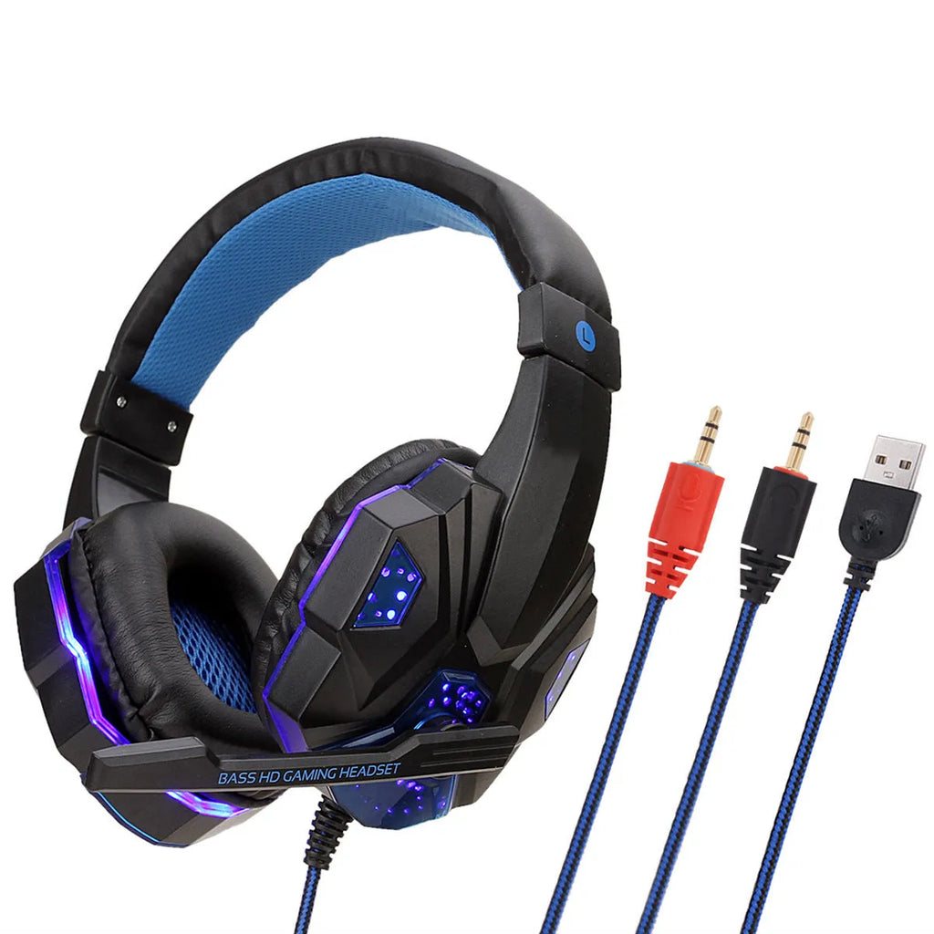 Wired PC and PS4 gaming headset with LED lighting effects and over-ear tanned leather cushions in black and blue colour combination.