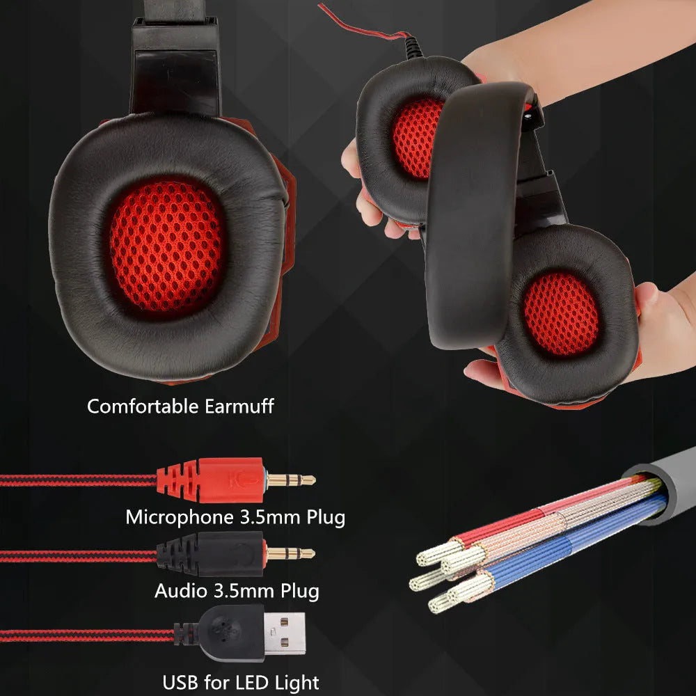 Wired PC and PS4 gaming headset with LED lighting effects and over-ear tanned leather cushions in black and blue colour combination.