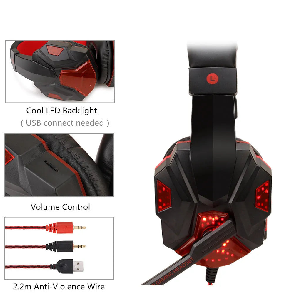 Wired PC and PS4 gaming headset with LED lighting effects and over-ear tanned leather cushions in black and blue colour combination.