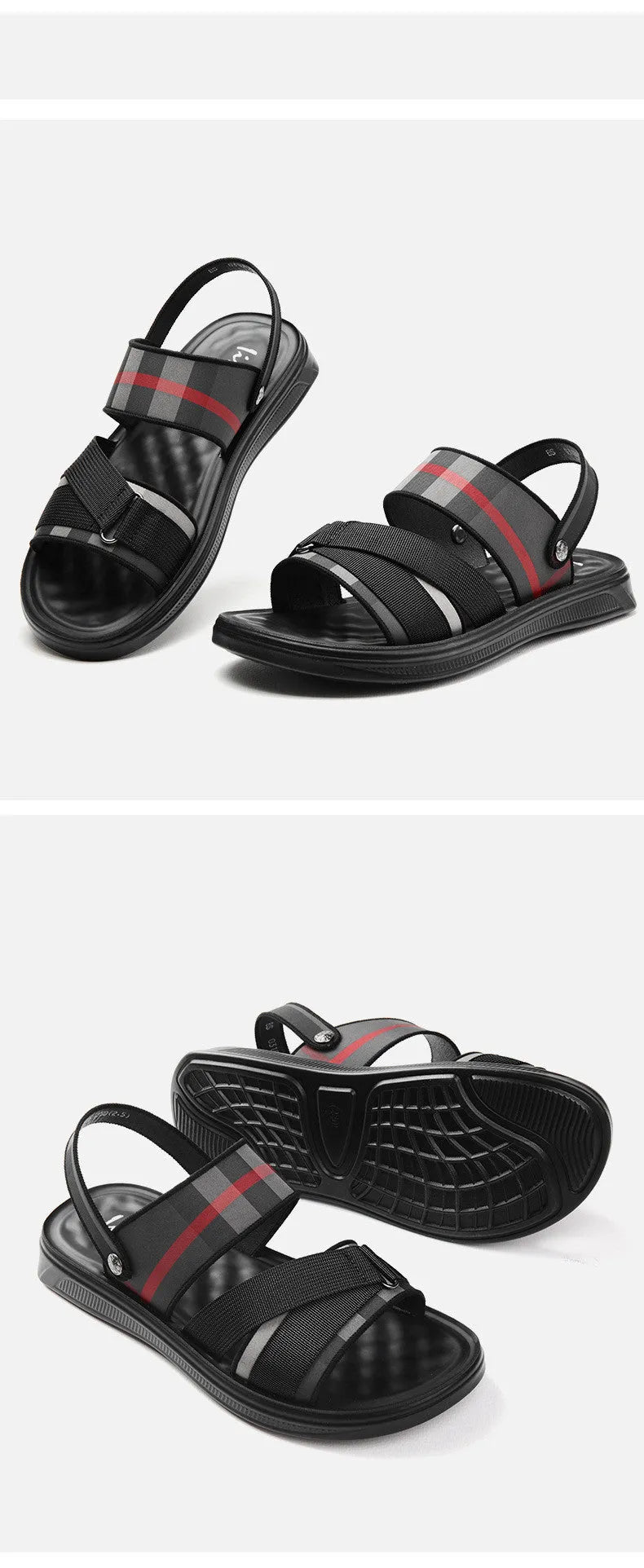 Youth sports sandals with elastic Lycra fabric upper and polyurethane sole, shown in a casual setting.