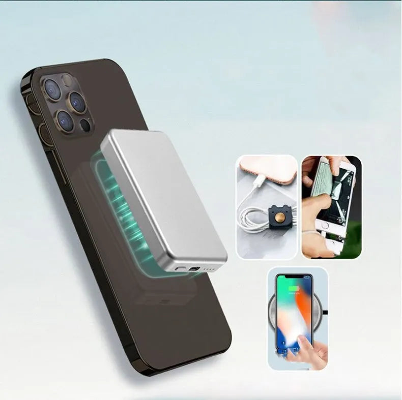 Silver aluminium magnetic wireless power bank for iPhone charging, showing slim profile and MagSafe ring.
