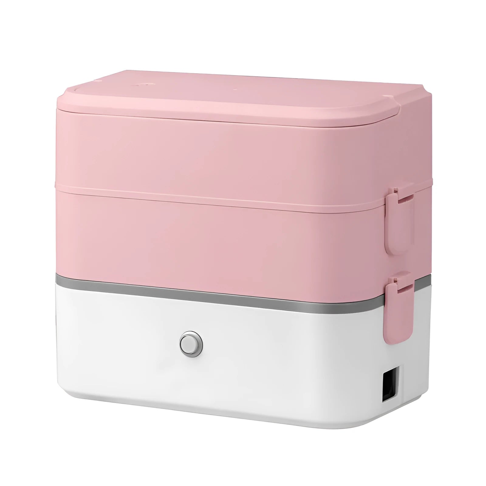 Pink and white portable heated lunch box with plug and push-button control.