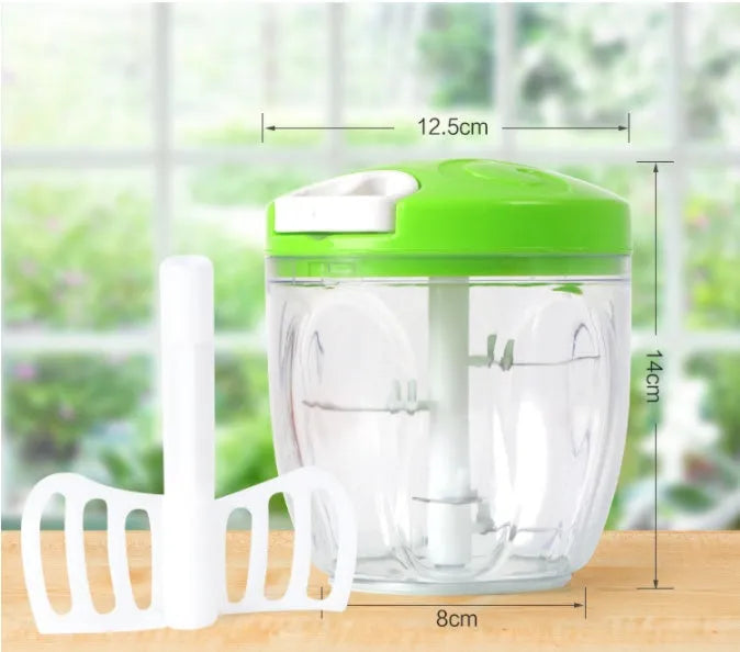 Green manual kitchen chopper shredder with three stainless steel blades and 500ml capacity container