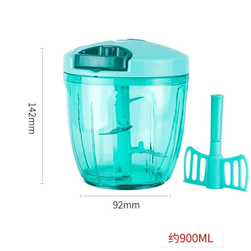 Green manual kitchen chopper shredder with three stainless steel blades and 500ml capacity container