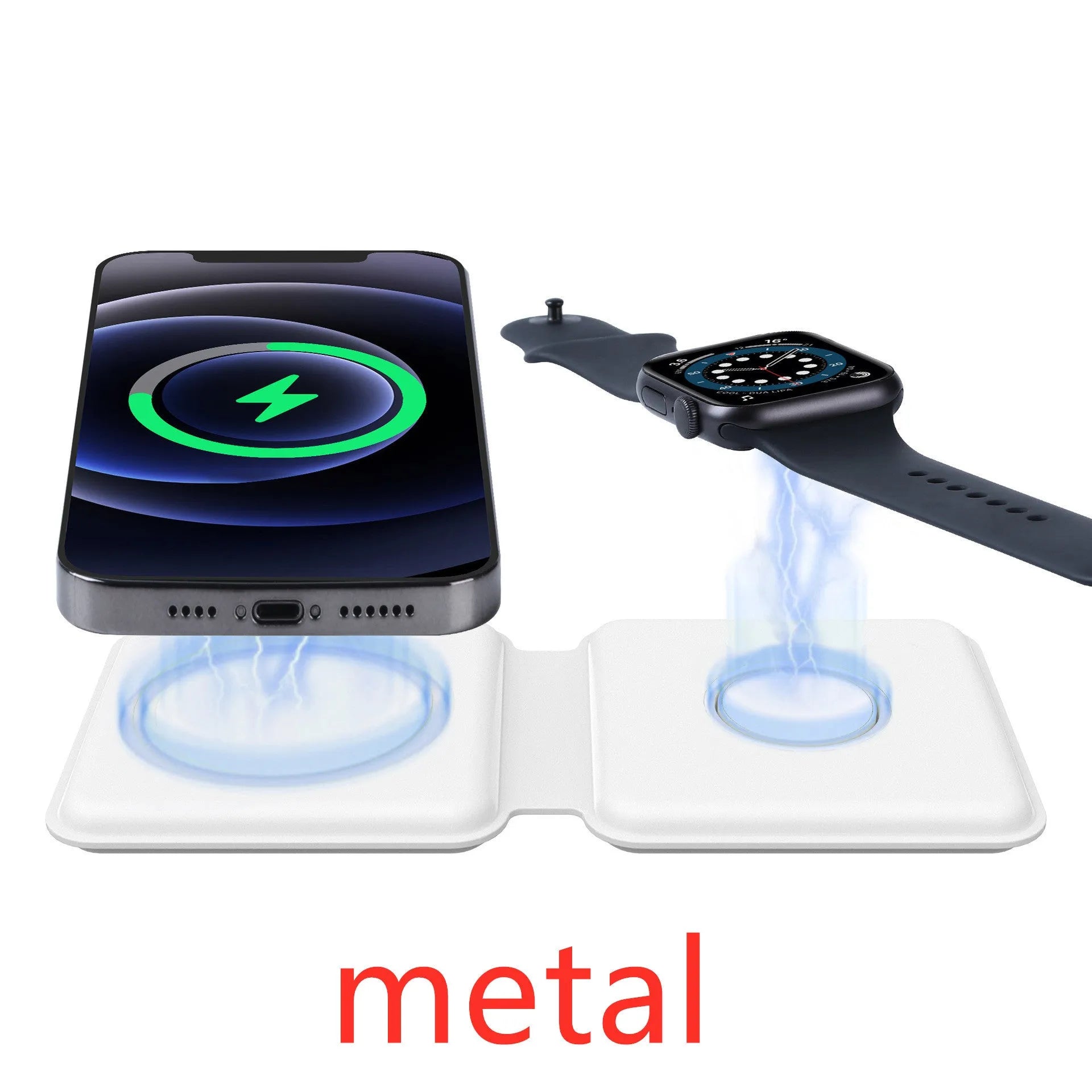 White foldable magnetic wireless charging dock showing dual charging surfaces and 180° folding mechanism