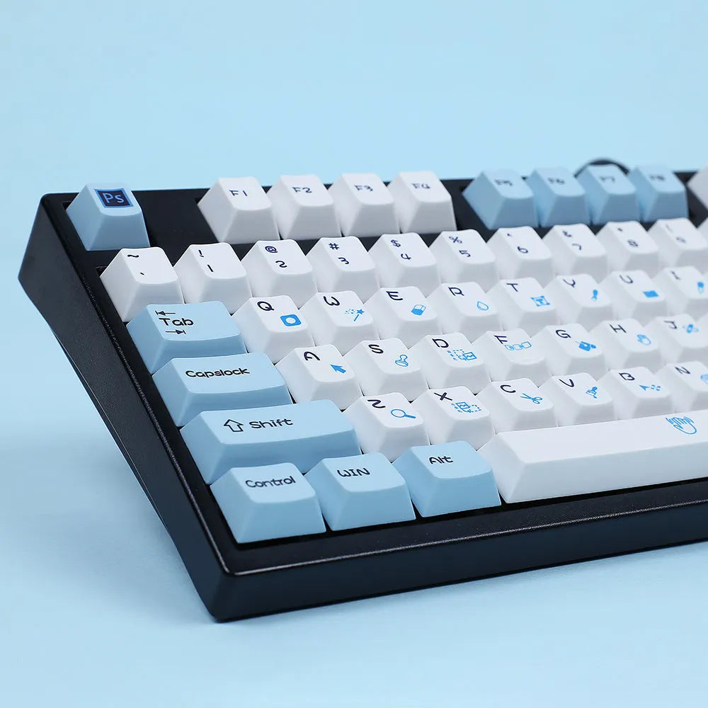 PS theme DIY keycap set showing blue and white sublimation graphics on mechanical keyboard keys