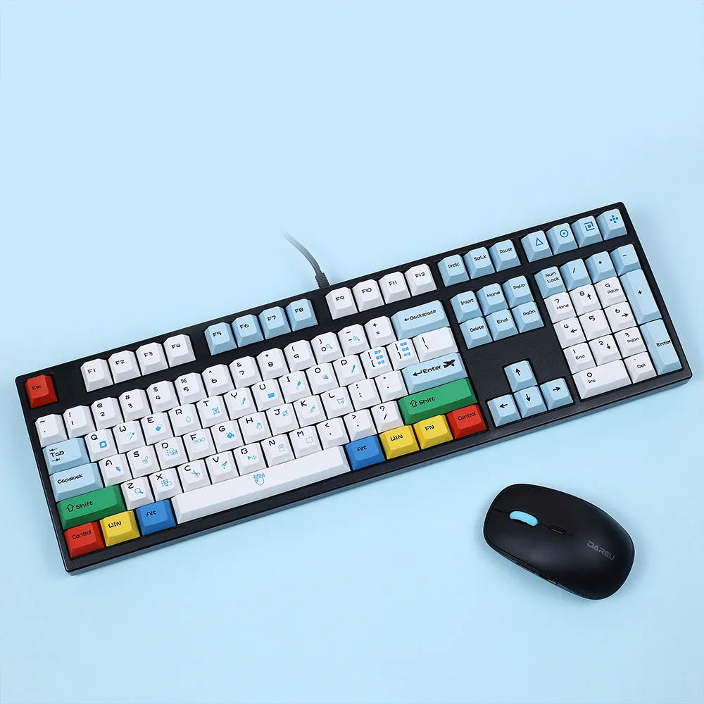 PS theme DIY keycap set showing blue and white sublimation graphics on mechanical keyboard keys