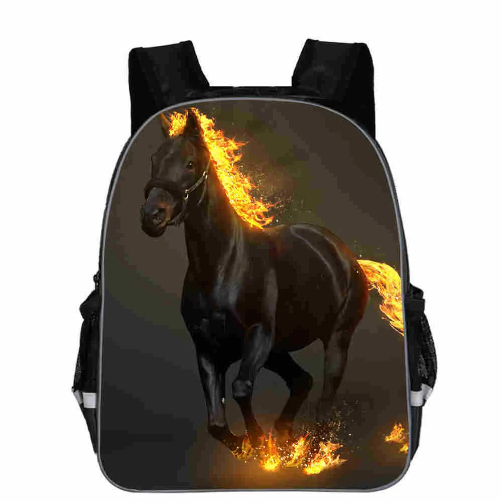 Children's cartoon horse head school backpack in polyester, shown in multiple colours and sizes.