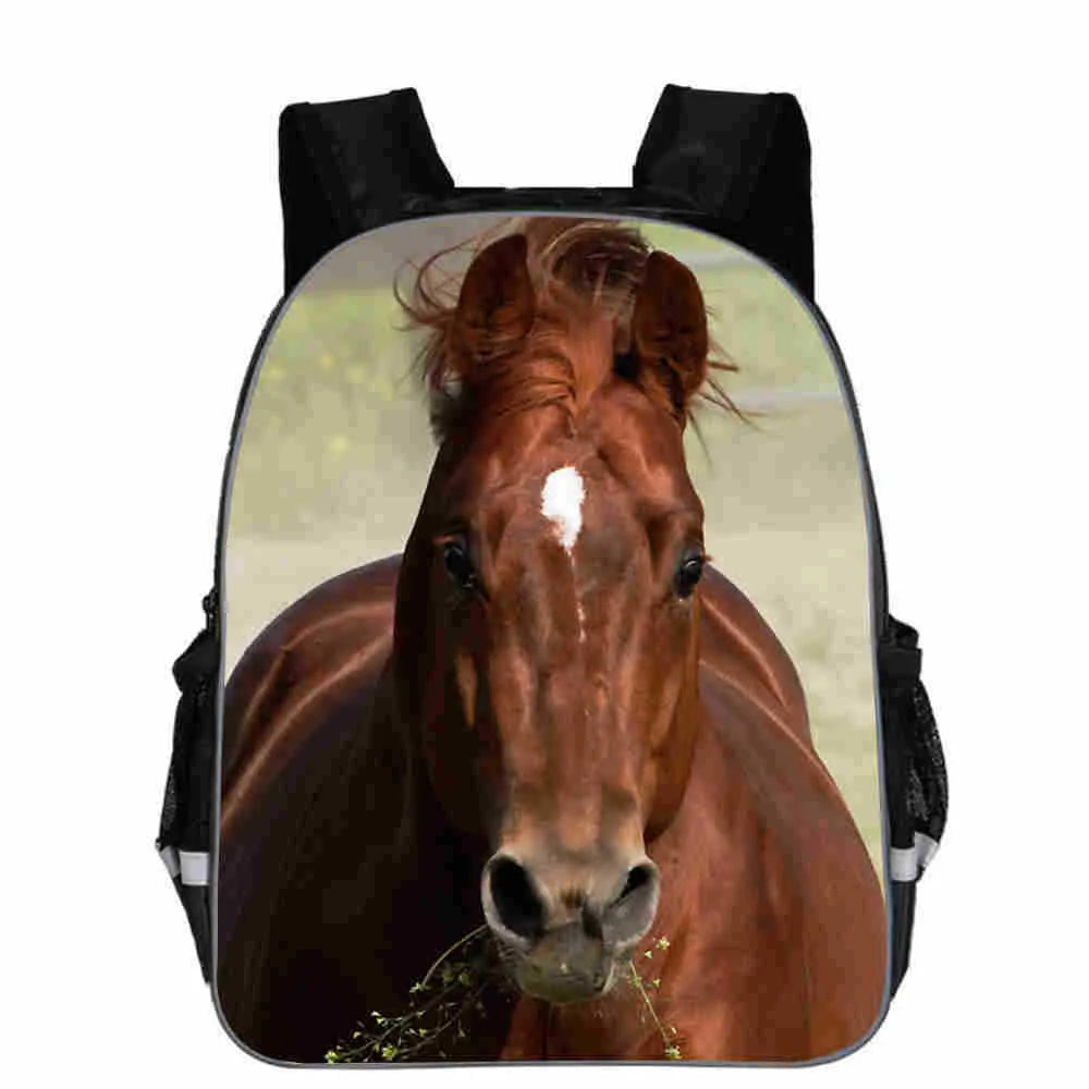 Children's cartoon horse head school backpack in polyester, shown in multiple colours and sizes.