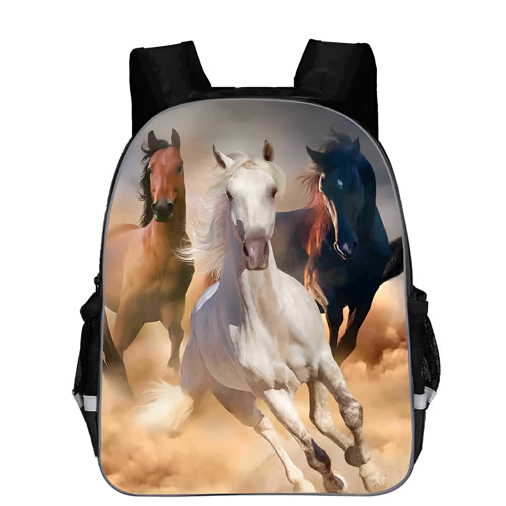 Children's cartoon horse head school backpack in polyester, shown in multiple colours and sizes.