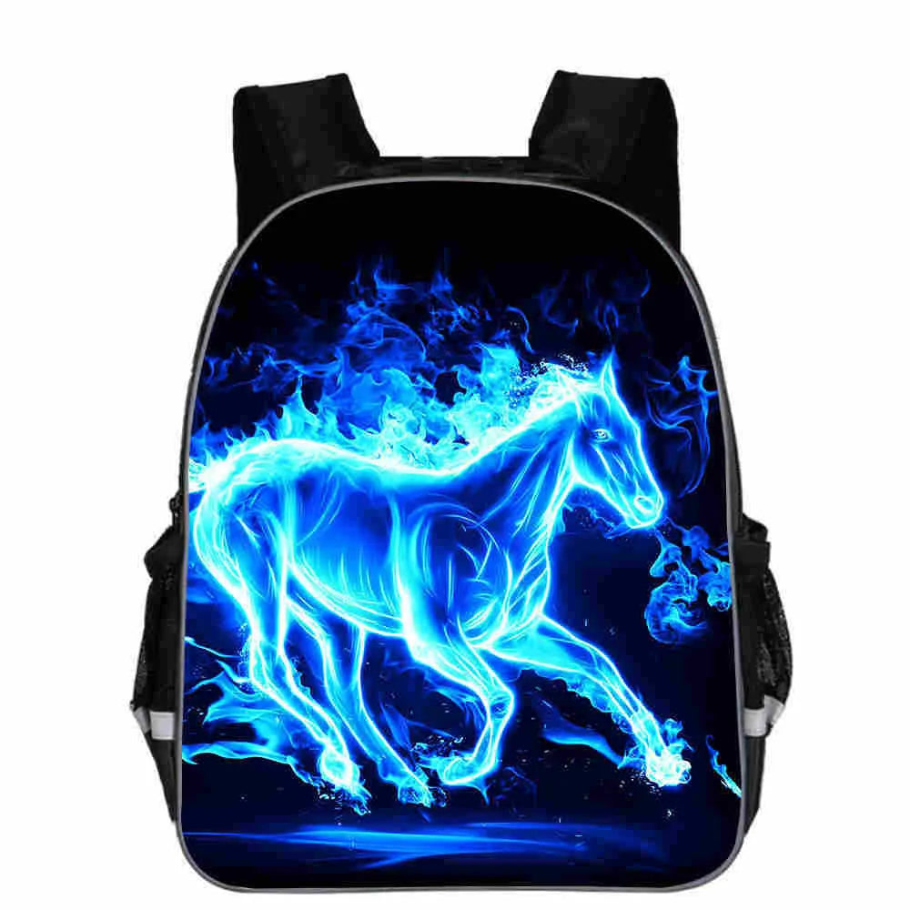 Children's cartoon horse head school backpack in polyester, shown in multiple colours and sizes.