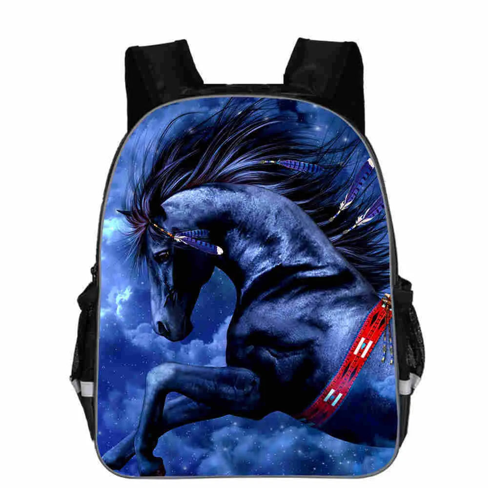 Children's cartoon horse head school backpack in polyester, shown in multiple colours and sizes.