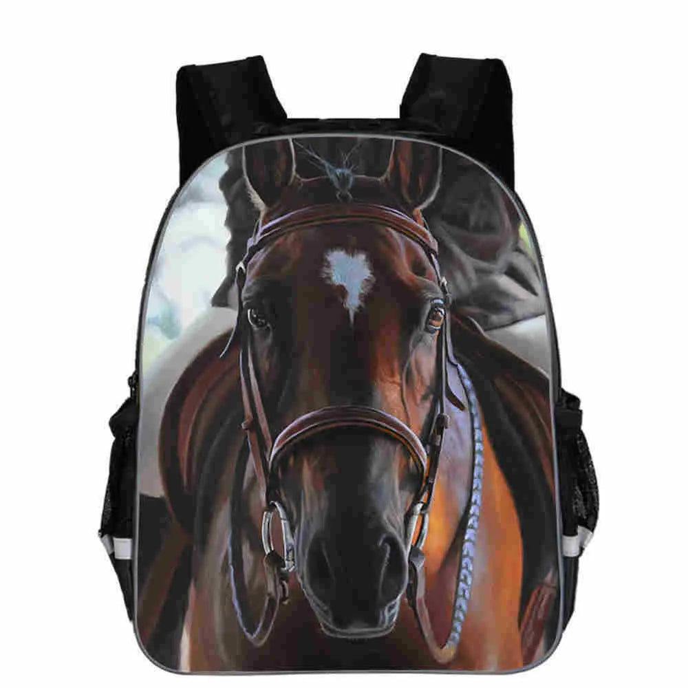 Children's cartoon horse head school backpack in polyester, shown in multiple colours and sizes.