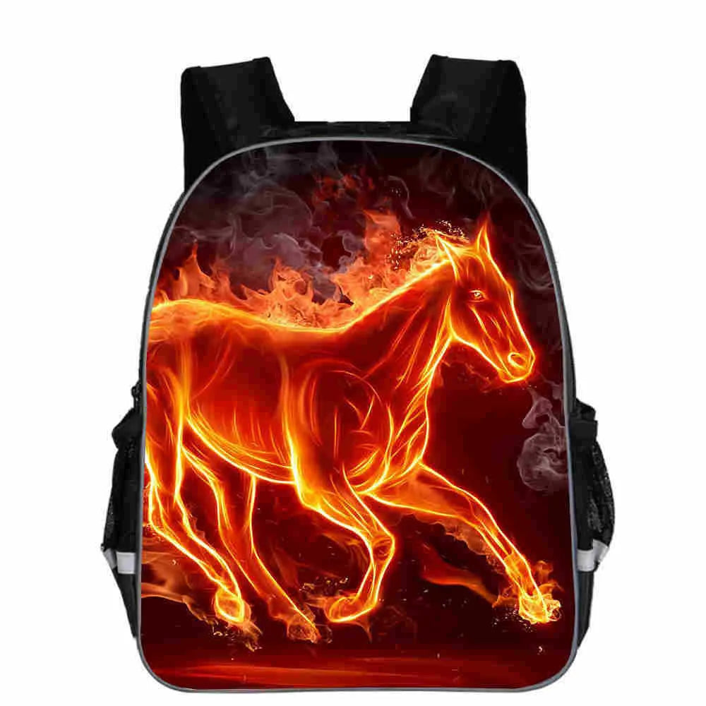 Children's cartoon horse head school backpack in polyester, shown in multiple colours and sizes.