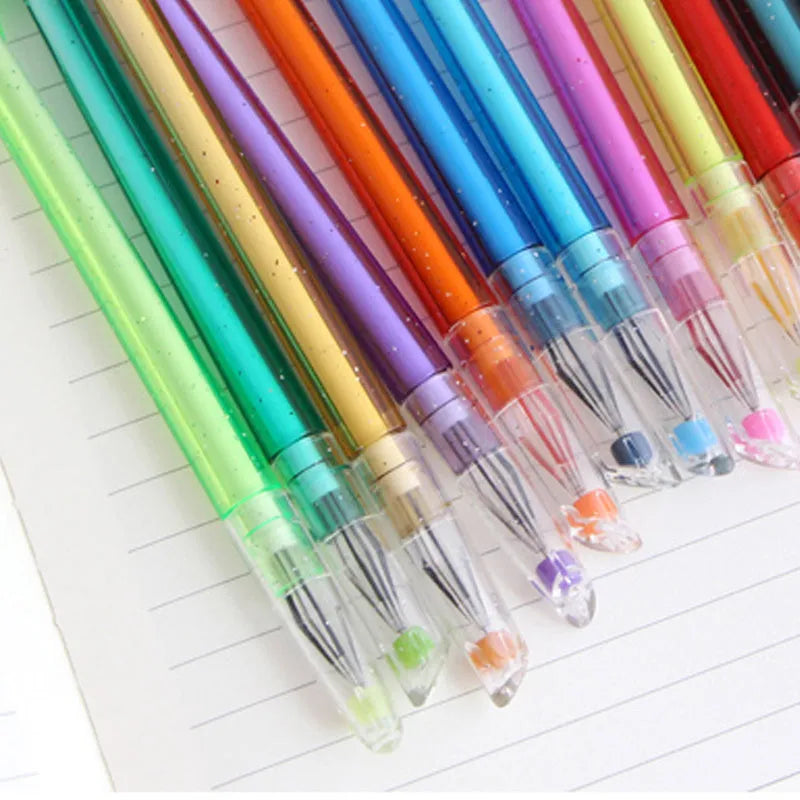 Twelve peacock feather design gel pens in assorted colours with fine 0.5mm tips and replaceable refills