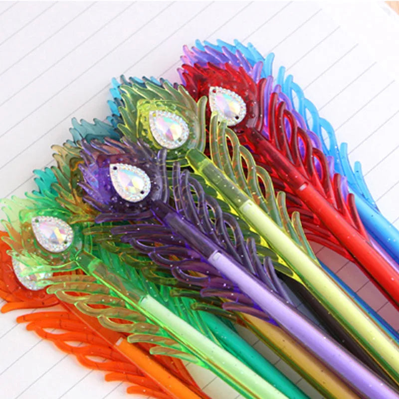 Twelve peacock feather design gel pens in assorted colours with fine 0.5mm tips and replaceable refills