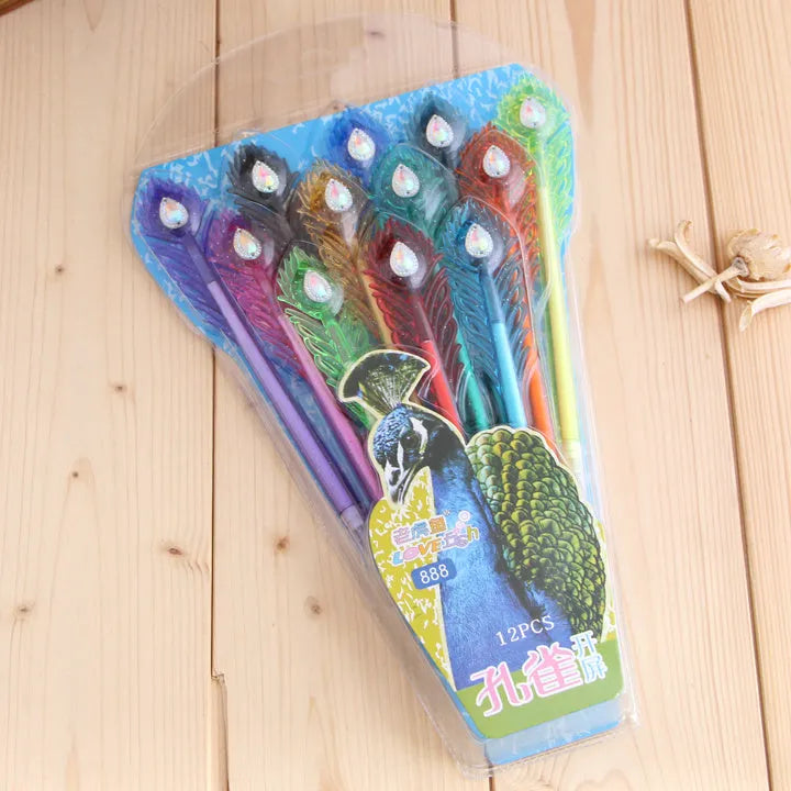 Twelve peacock feather design gel pens in assorted colours with fine 0.5mm tips and replaceable refills