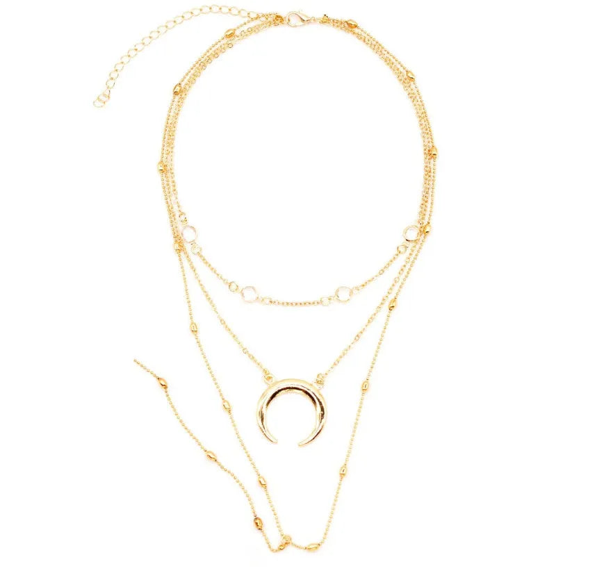 Gold silver multilayer crescent moon bead chain initial choker necklace on display with adjustable 35 cm chain and alloy finish