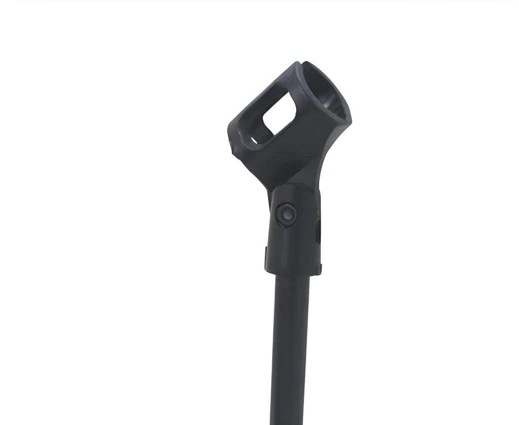 Black metal desktop microphone bracket with a circular base and plastic clip.