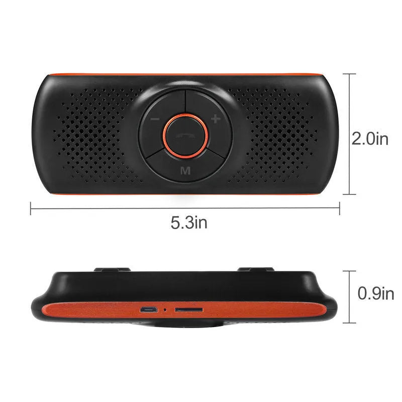 Orange plastic Bluetooth hands-free car speaker mounted on a sun visor for wireless phone calls and music.