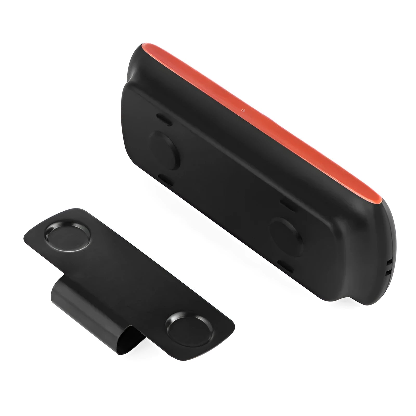 Orange plastic Bluetooth hands-free car speaker mounted on a sun visor for wireless phone calls and music.