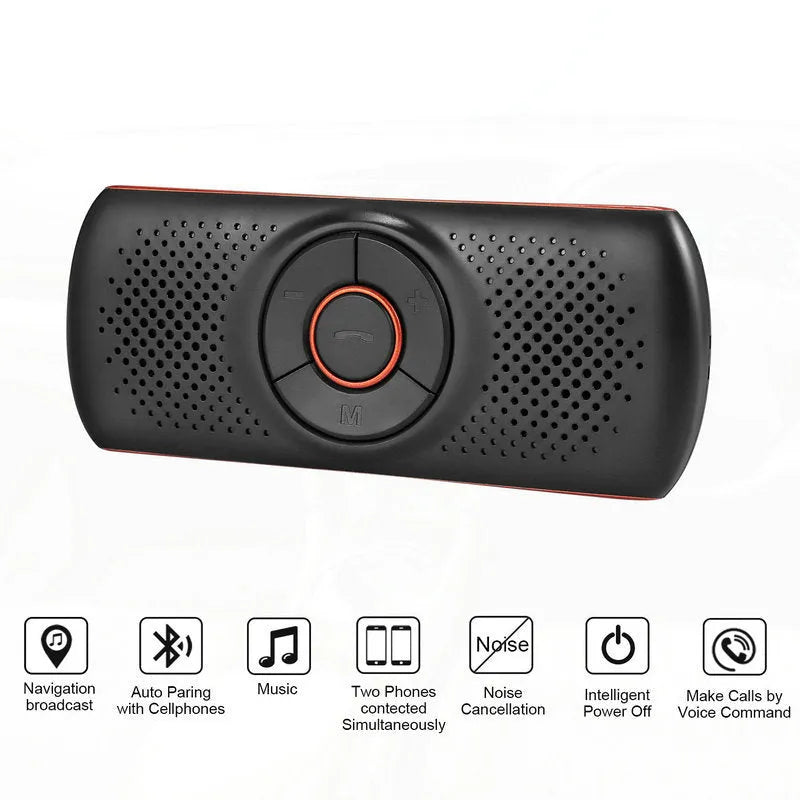 Orange plastic Bluetooth hands-free car speaker mounted on a sun visor for wireless phone calls and music.
