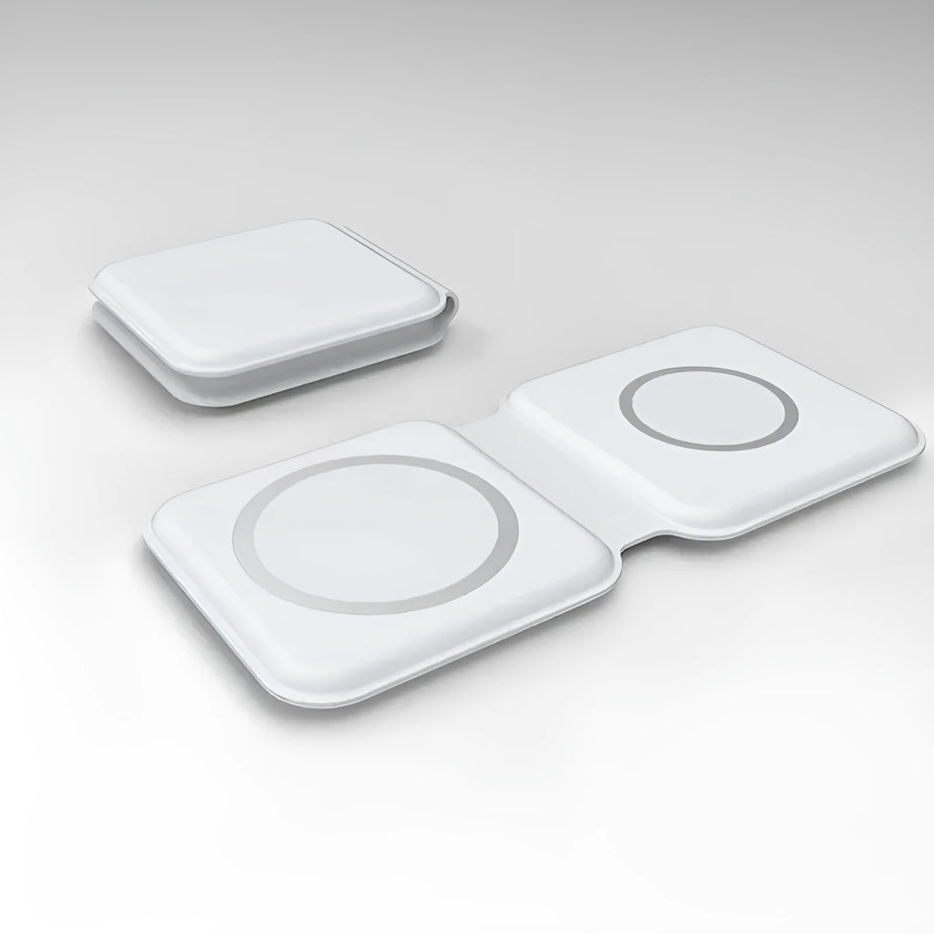 White foldable magnetic wireless charging dock showing dual charging surfaces and 180° folding mechanism