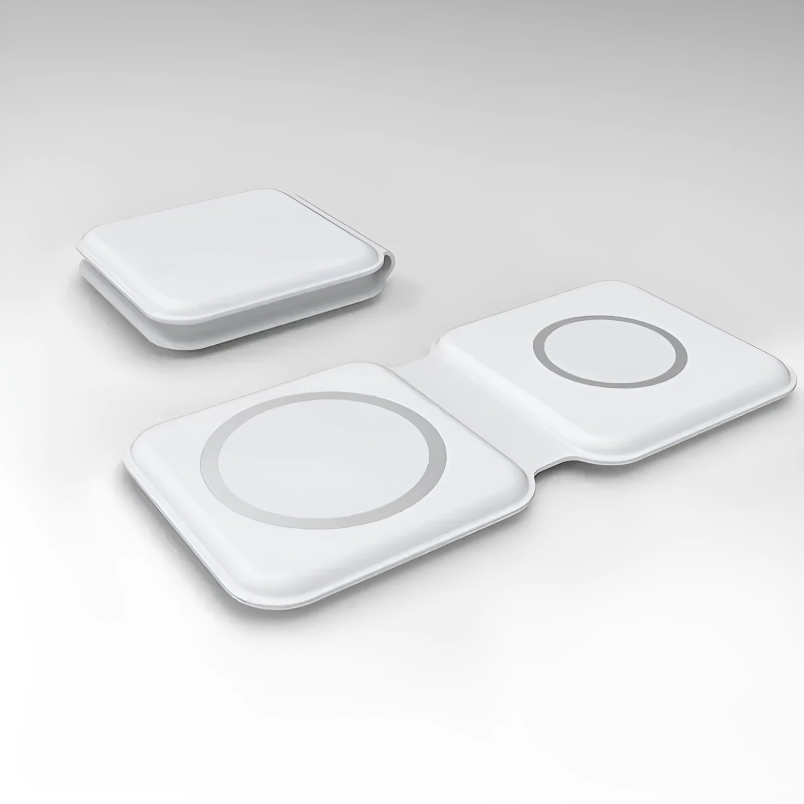 White foldable magnetic wireless charging dock showing dual charging surfaces and 180° folding mechanism