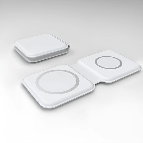 White foldable magnetic wireless charging dock showing dual charging surfaces and 180° folding mechanism