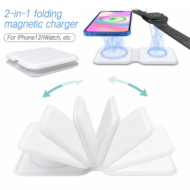 White foldable magnetic wireless charging dock showing dual charging surfaces and 180° folding mechanism