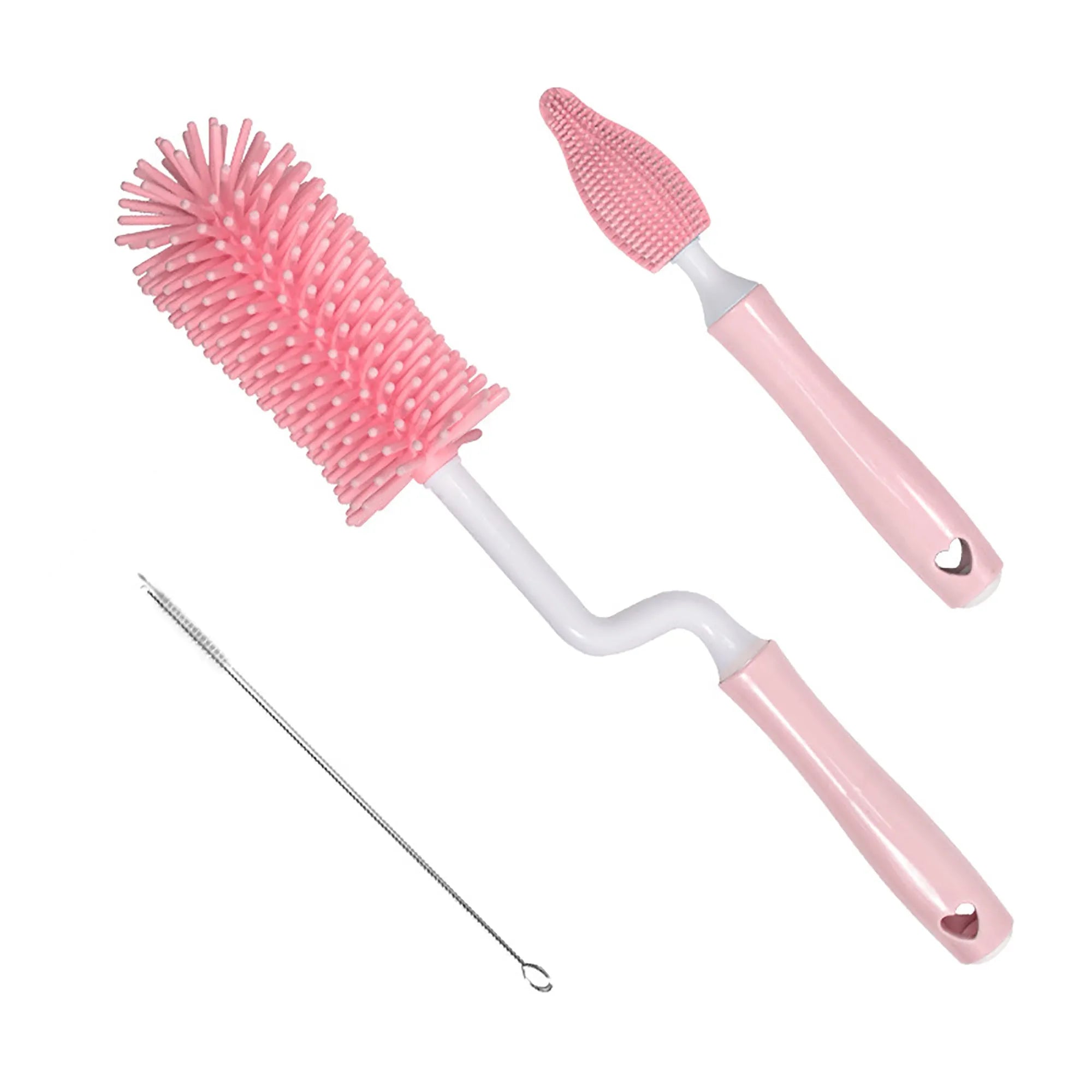 Silicone baby bottle cleaning brush and separate straw cleaner in pink, blue, and yellow colours.