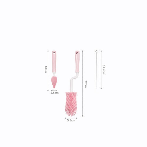 Silicone baby bottle cleaning brush and separate straw cleaner in pink, blue, and yellow colours.