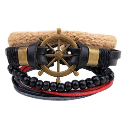 Handmade adjustable leather bracelet with wooden beads and multi-layer wrap design