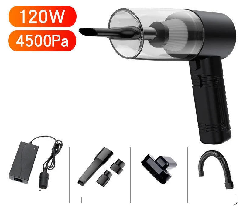 Black portable car vacuum cleaner with ABS shell and multiple suction accessories