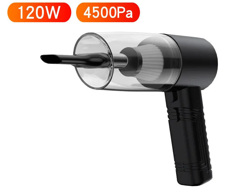 Black portable car vacuum cleaner with ABS shell and multiple suction accessories