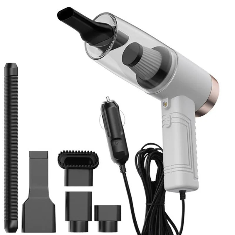 Black portable car vacuum cleaner with ABS shell and multiple suction accessories