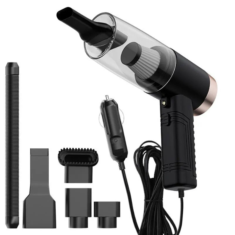 Black portable car vacuum cleaner with ABS shell and multiple suction accessories