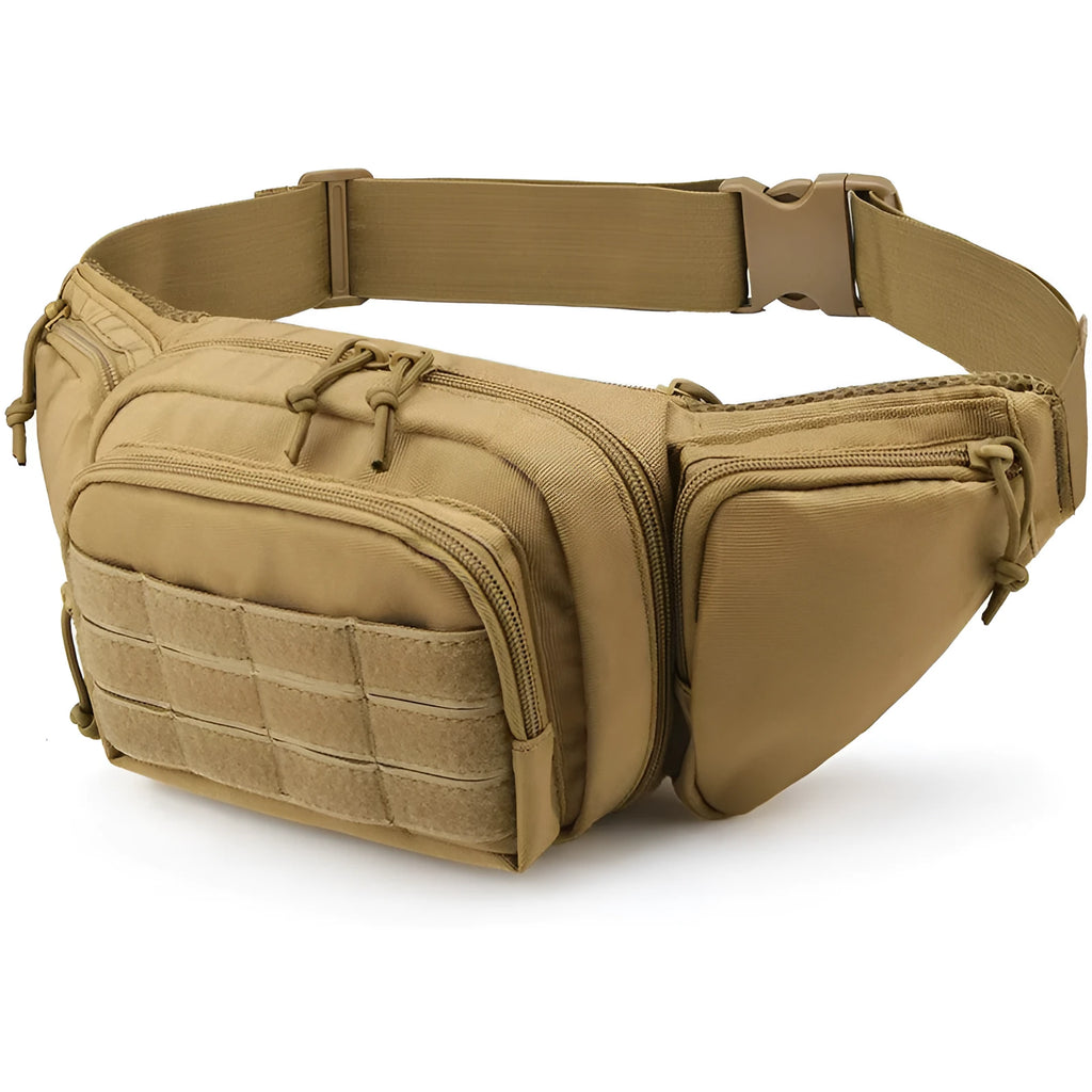 Men's tactical multifunctional waist bag in black with adjustable belt and multiple storage compartments