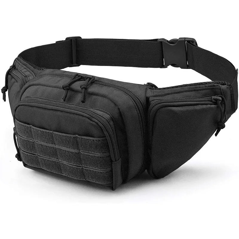 Men's tactical multifunctional waist bag in black with adjustable belt and multiple storage compartments