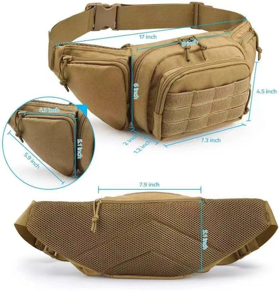 Men's tactical multifunctional waist bag in black with adjustable belt and multiple storage compartments