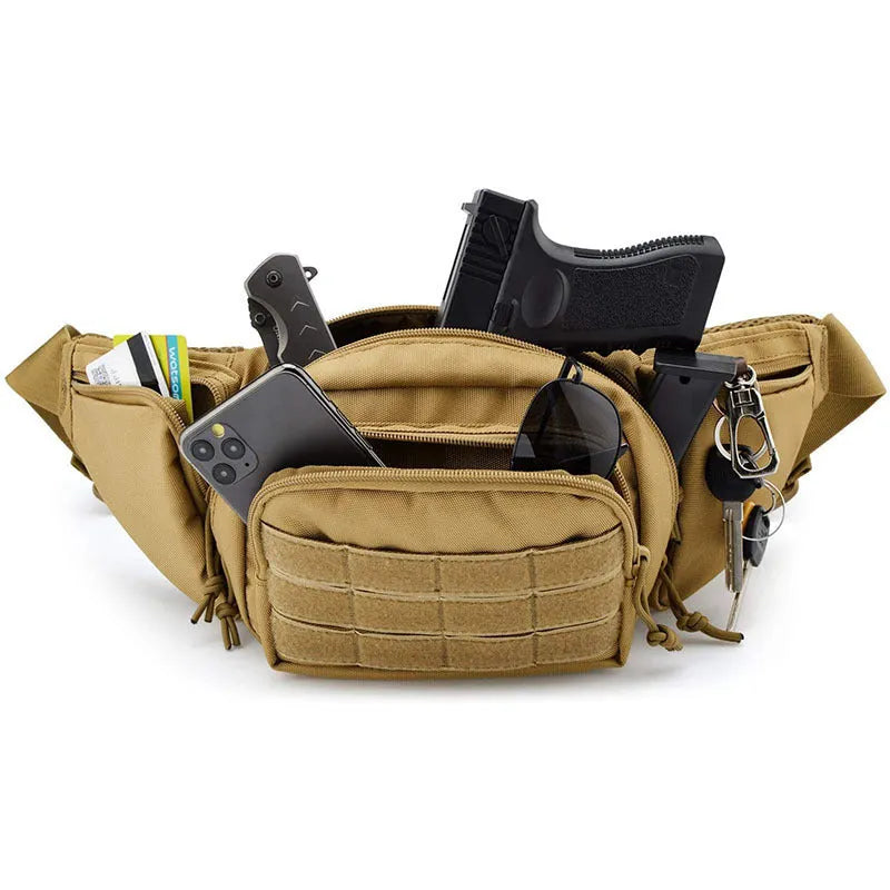 Men's tactical multifunctional waist bag in black with adjustable belt and multiple storage compartments