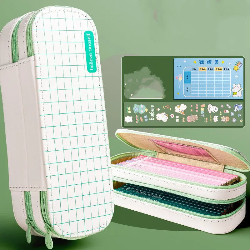 Creative multifunctional pencil case stationery box in light blue with class schedule and DIY stickers