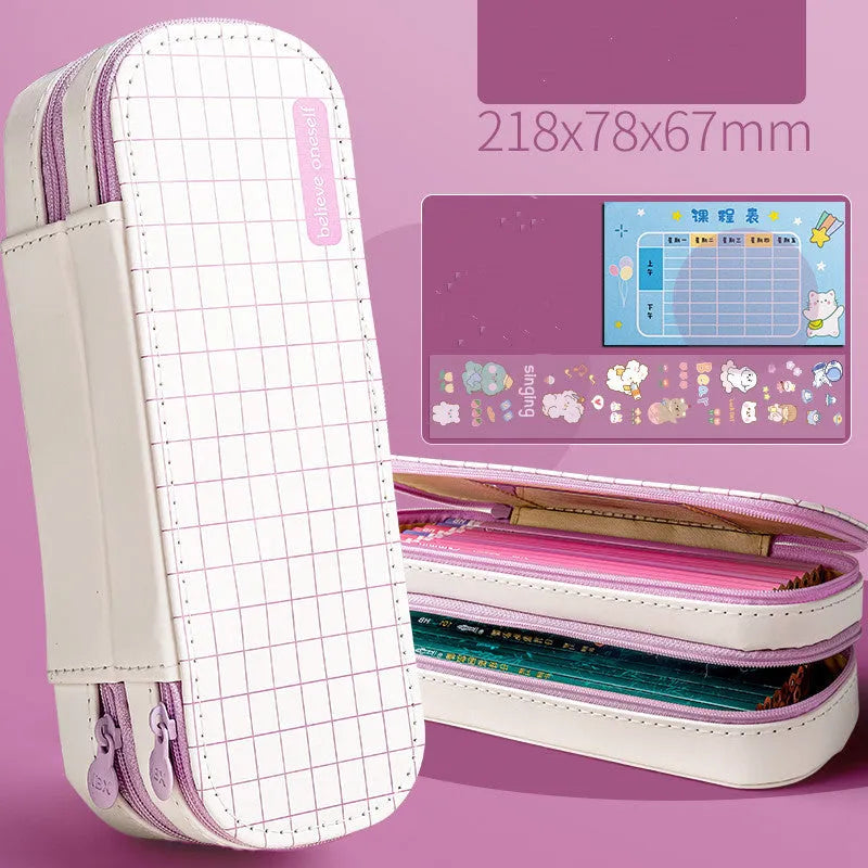 Creative multifunctional pencil case stationery box in light blue with class schedule and DIY stickers