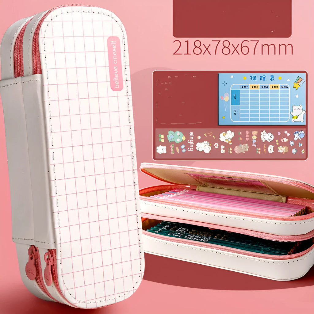 Creative multifunctional pencil case stationery box in light blue with class schedule and DIY stickers